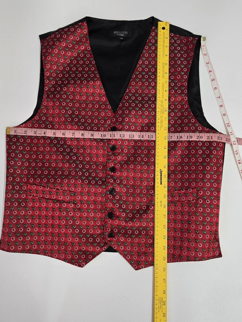 Novelt-ties Mens XL Christmas Tree Vest Red Holiday Tuxedo Waistcoat Festive Vtg